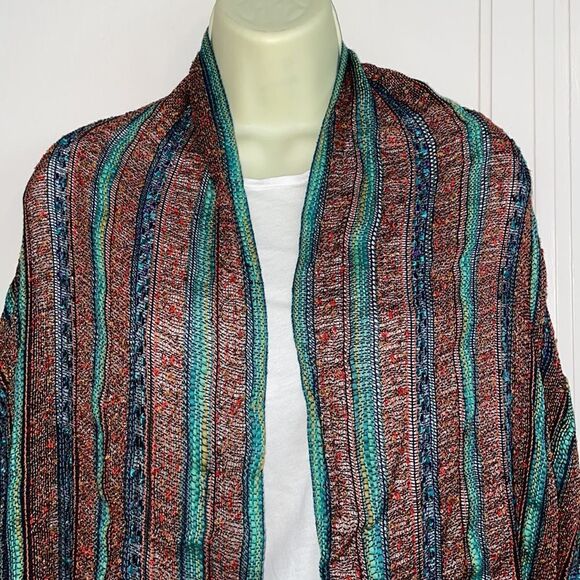 Boho multi colored metallic thread stripe large scarf or wrap with fringe - Picture 2 of 6